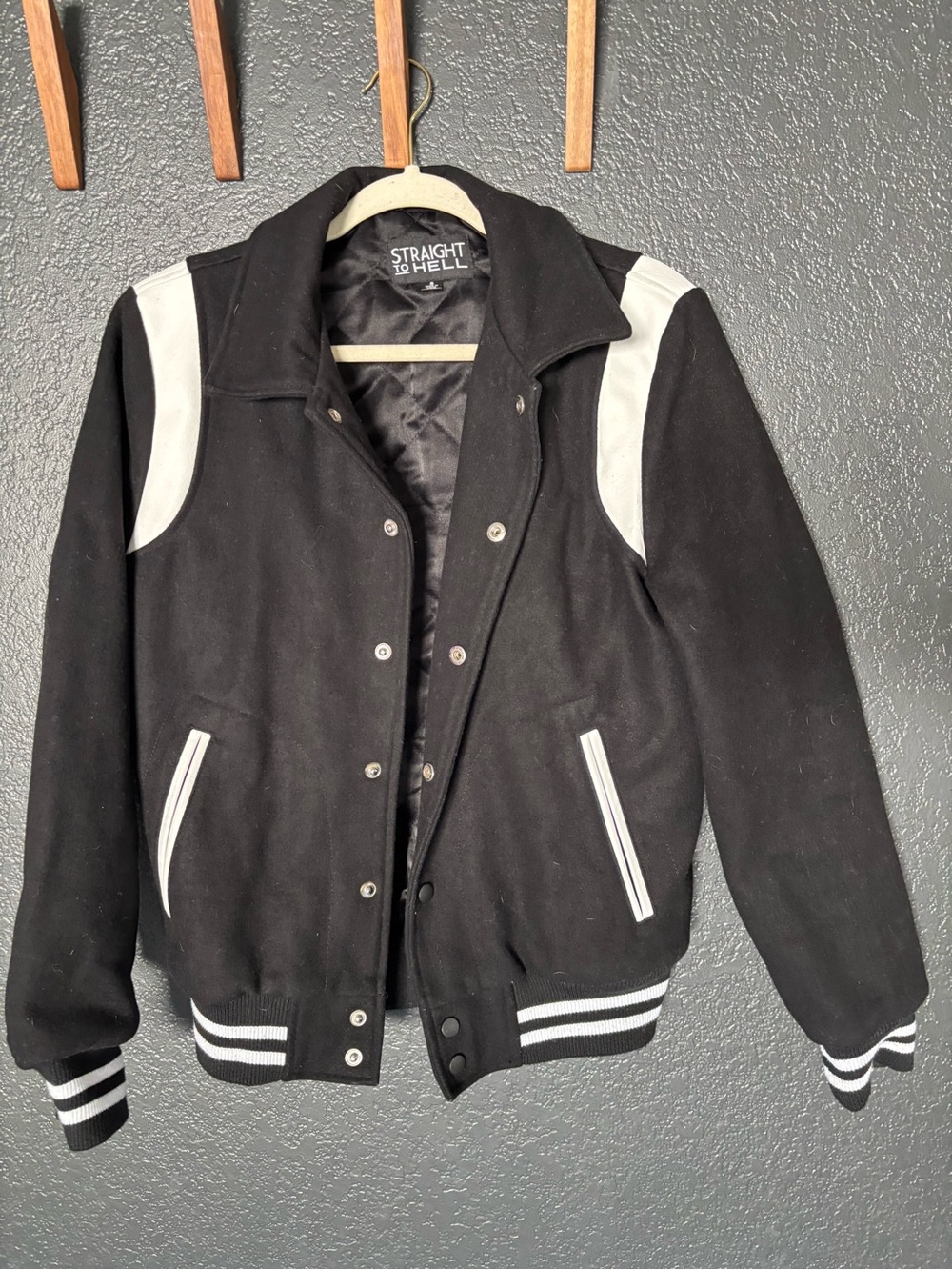 Straight to Hell Black & White Varsity Bomber Jacket